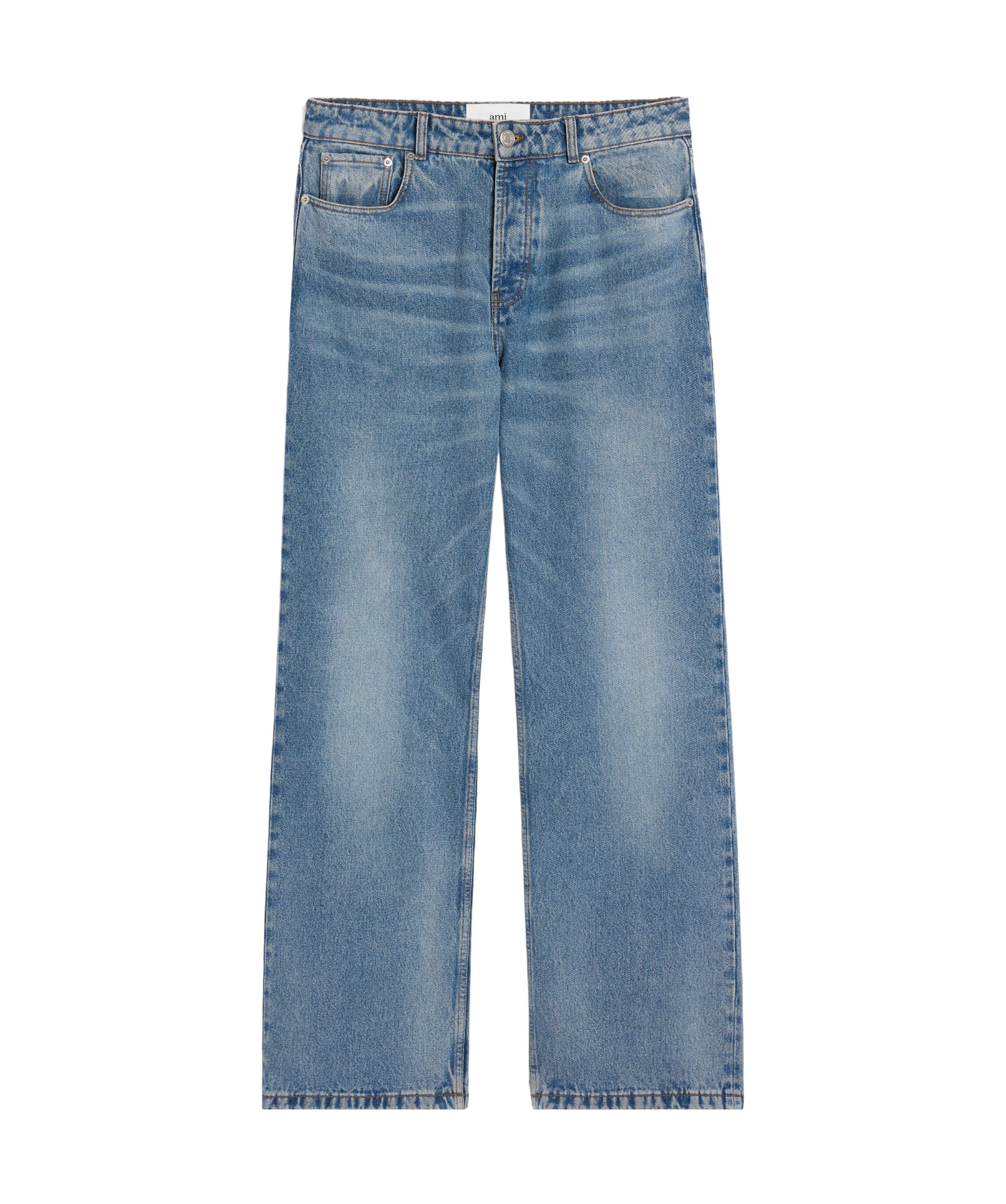 Ami Alexandre Mattiussi Ami Straight-leg Denim Jeans With Faded Blue Wash And Leather Accent