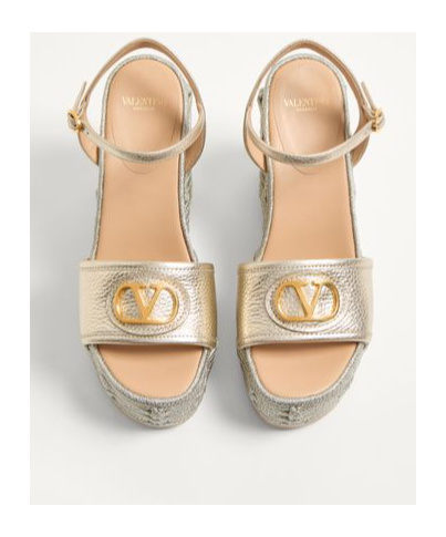 Valentino Garavani Vlogo Signature Wedge Sandal In Laminated Grainy Calfskin 120mm Woman Platinum 42 In Nude