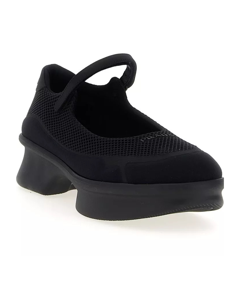 Prada Mesh Upper Round Toe Rubber Sole Ballerinas In Black
