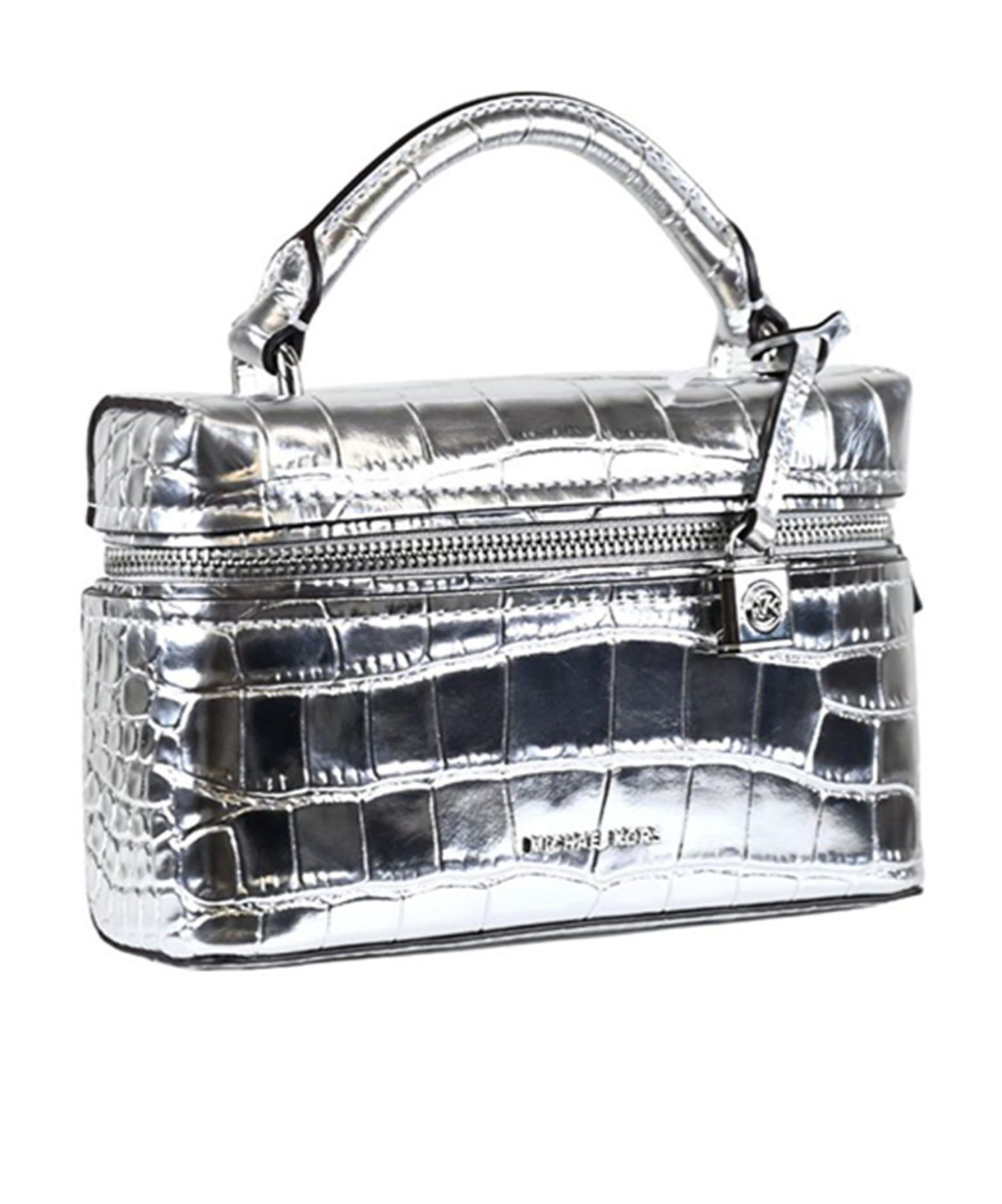 Michael Kors Crocodile Embossed Crossbody Bag Top Handle In Silver
