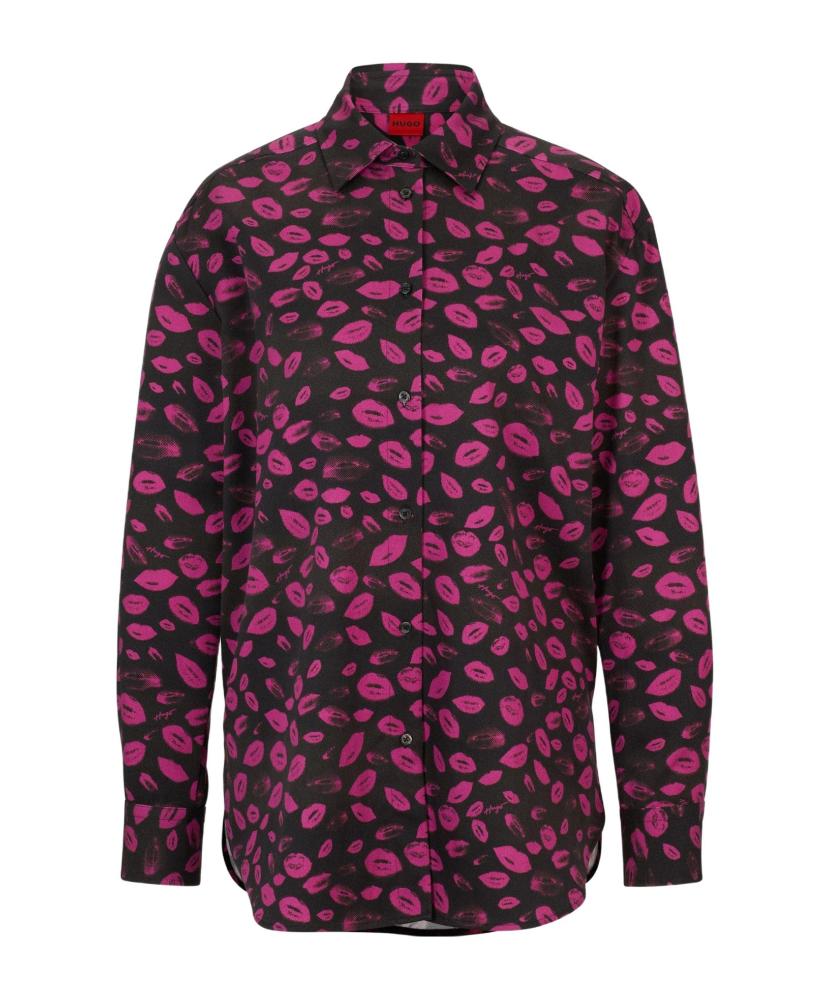 Hugo Boss Shirt With Lipprint On Black Base In Purple