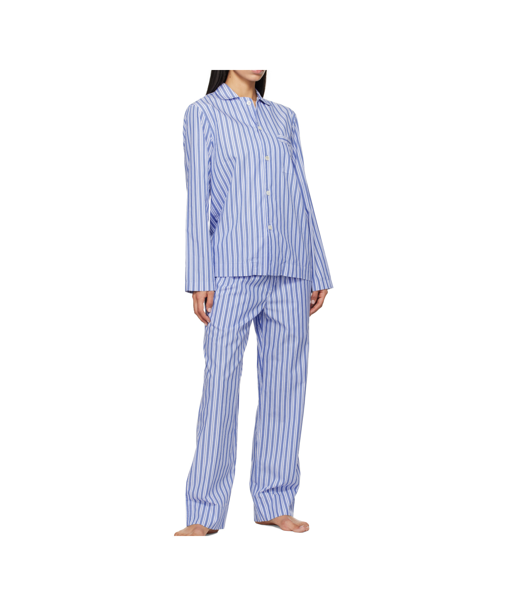 Tekla White & Blue Poplin Long-sleeved Pyjama Shirt In White/blue