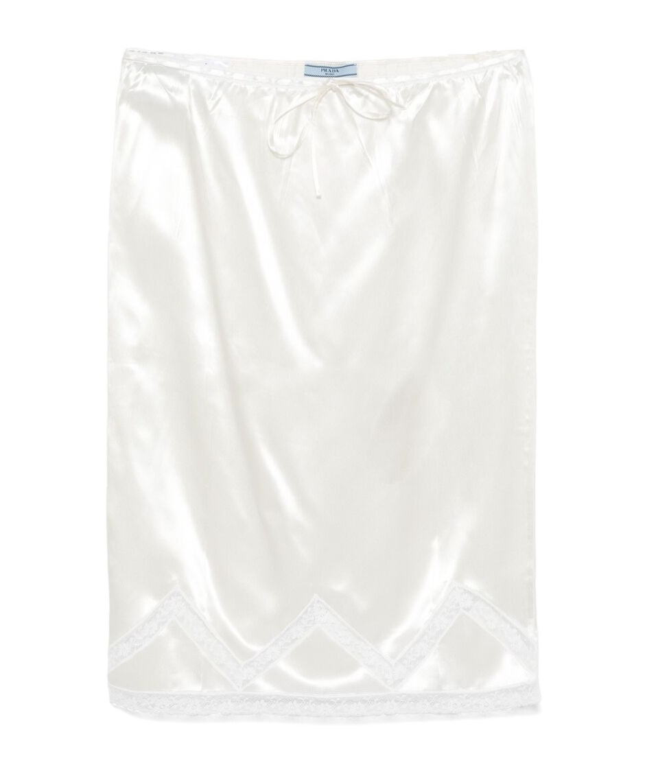 Prada Drawstring Lace Trim Satin Midi Skirt In White