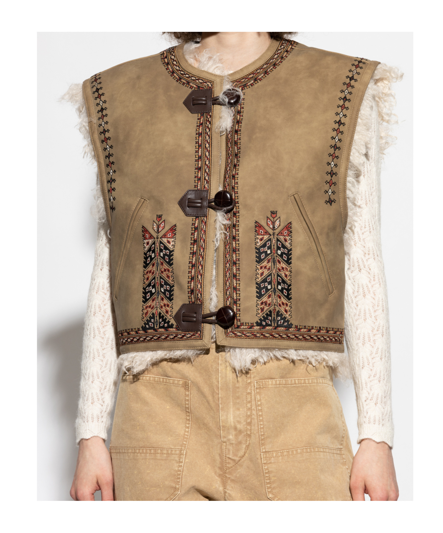 Isabel Marant Étoile Sleeveless Synthetic Leather Vest With Shearling Trim In Brown