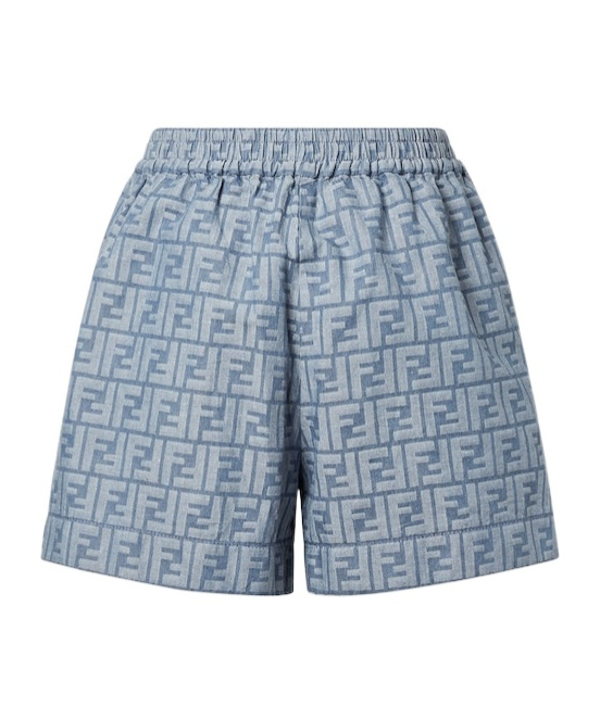 Fendi Embroidered Chambray Shorts With All-over Pattern In Blue