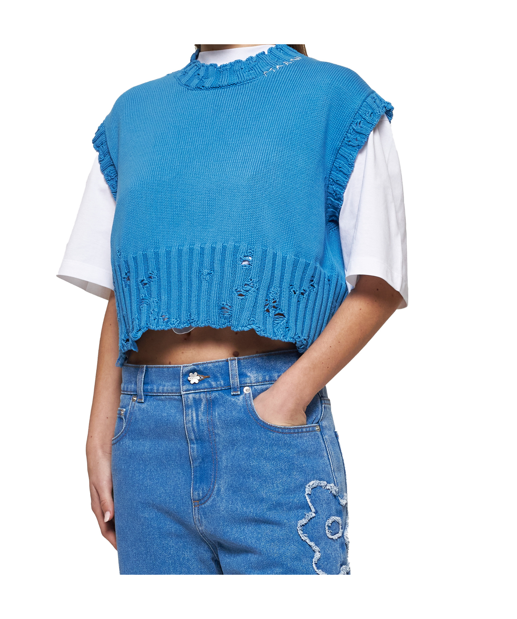 Marni Distressed Boxy Cropped Sweater In Blue
