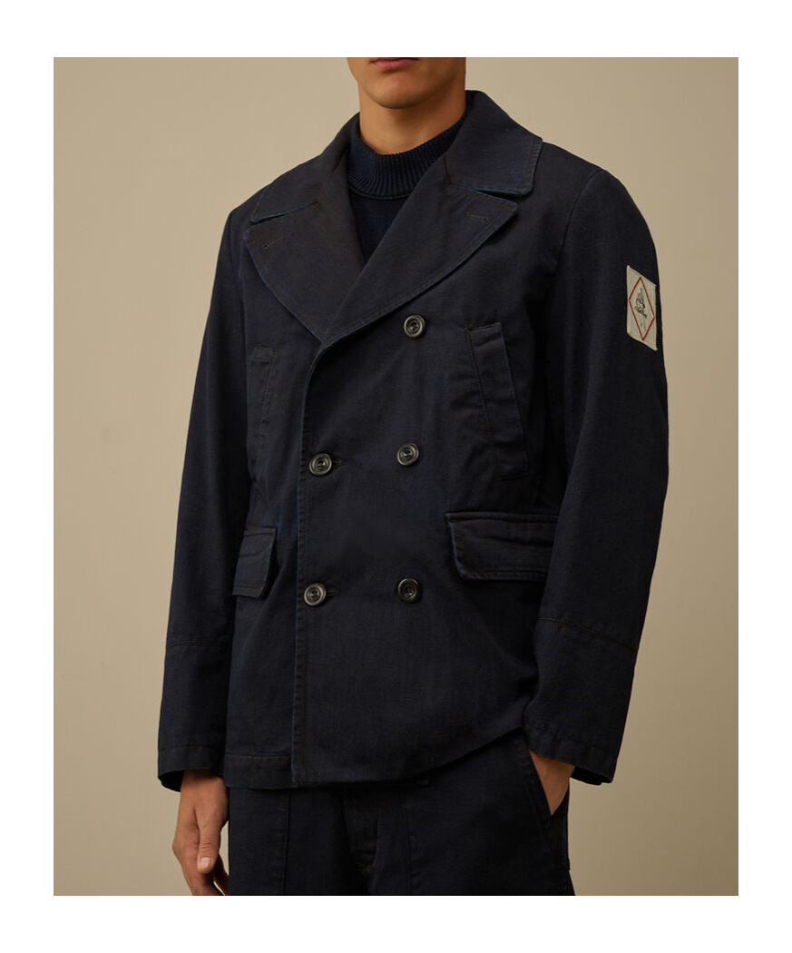 C.p. Company 3/4 Plated Denim Pea Coat In Black
