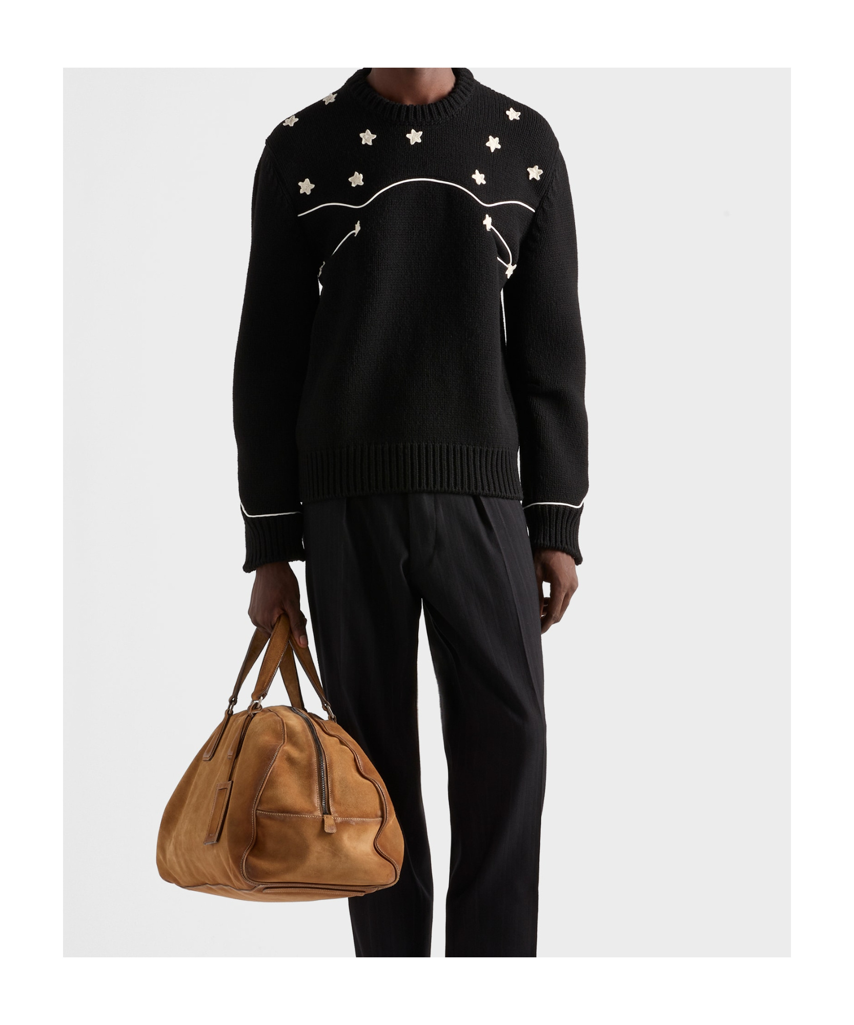 Prada Wool Crew Neck Sweater With Ribbed Cuffs In Black