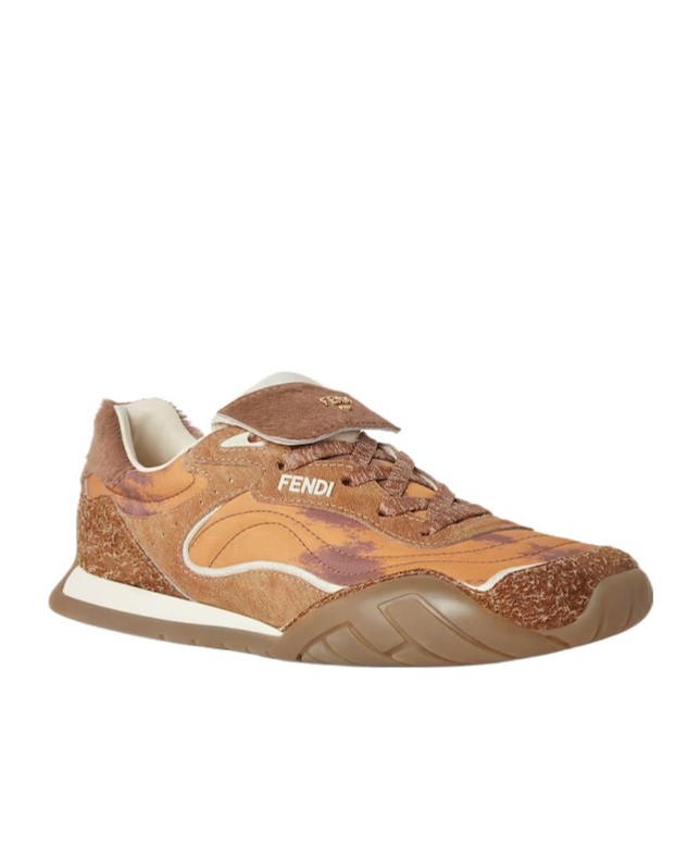 Fendi Orange Fabric And Brown Cavallino Calfskin Low-tops In Brown