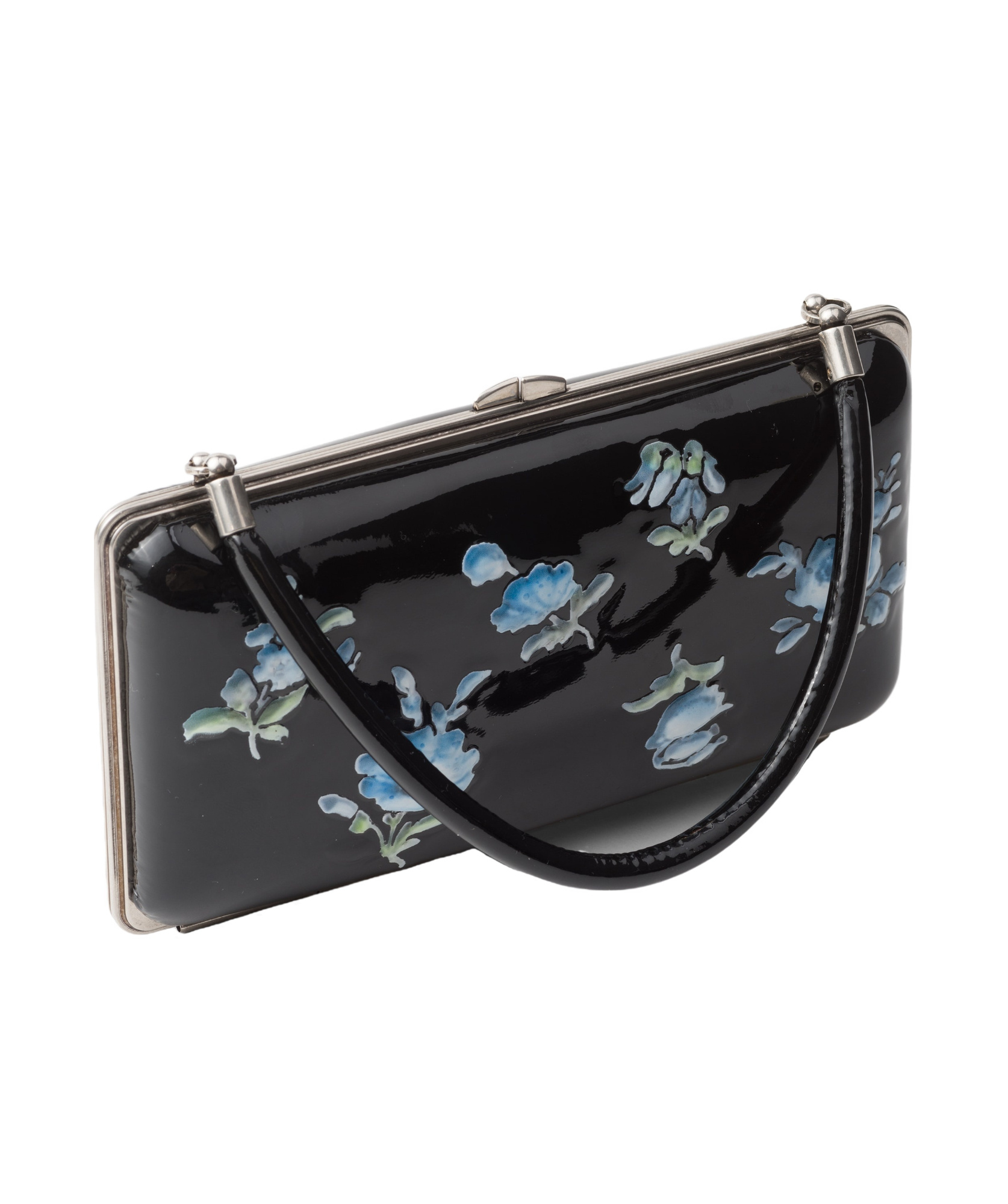 Prada Floral-printed Patent Leather Clutch In Black