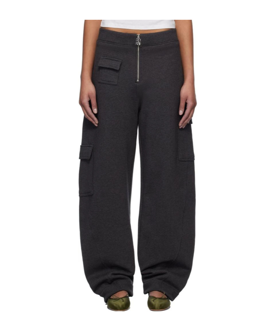 Ganni Gray Heavy Fleece Cargo Lounge Pants In Black