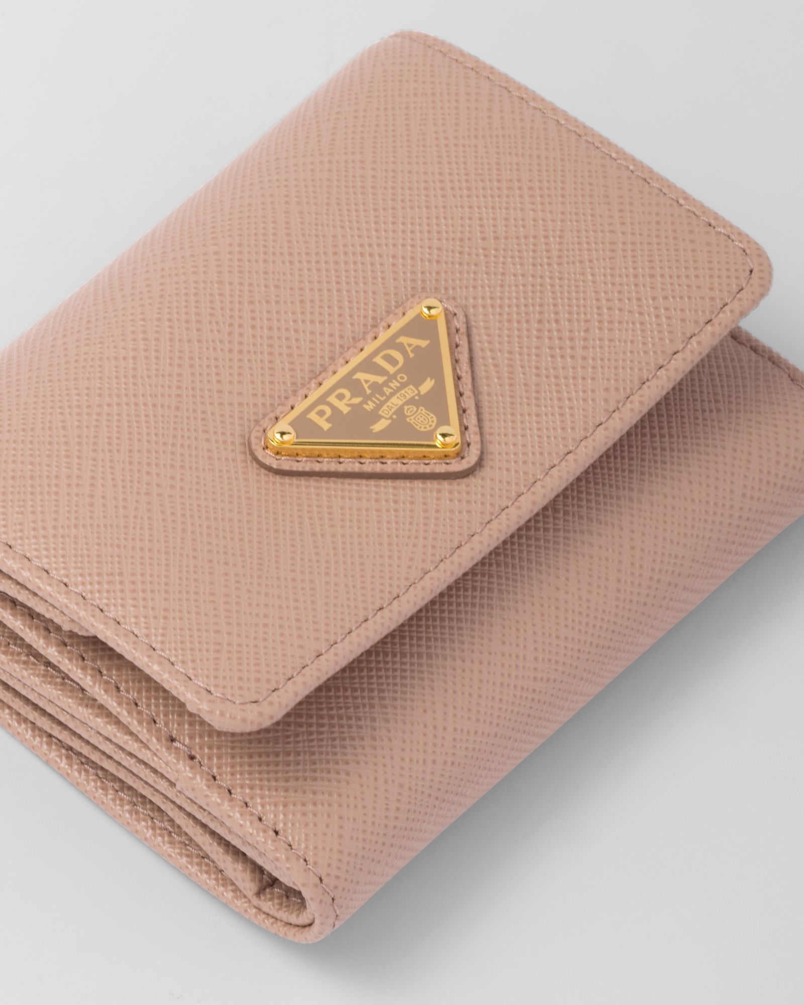 Prada Triangle Bifold Metallic Leather Wallet In Pink