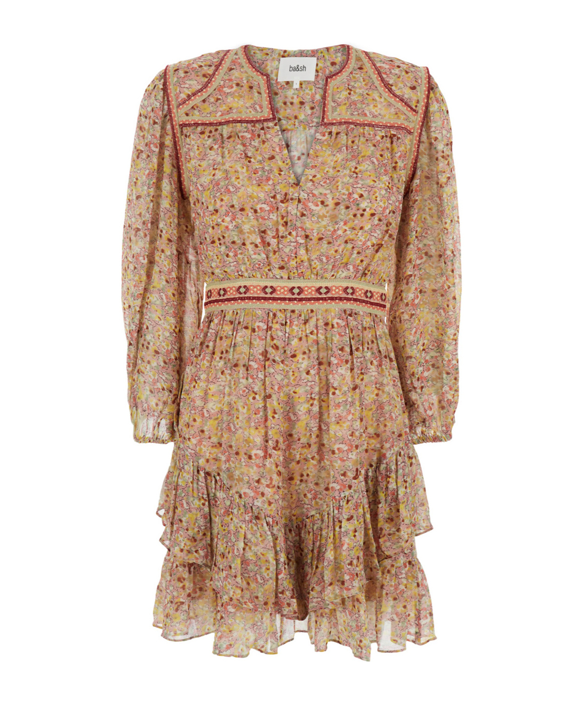 BASH RESS WITH V-NECK AND APPLIED EMBROIDERIES