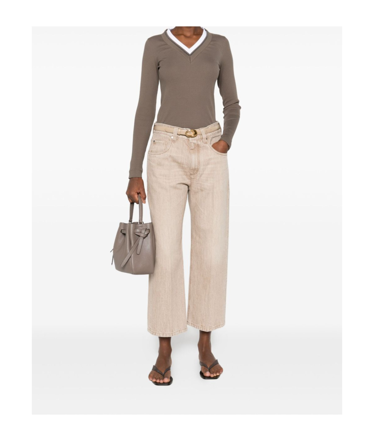 Brunello Cucinelli Ribbed V-neck Embellished T-shirt In Brown