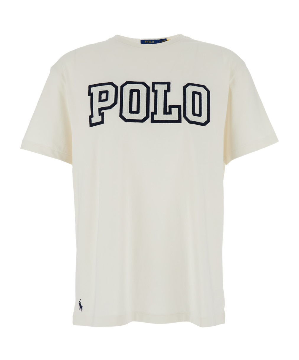 Polo Ralph Lauren White Crewneck T-shirt With Logo Lettering On The Fornt And Pony Embroidery On The Front In Neutral