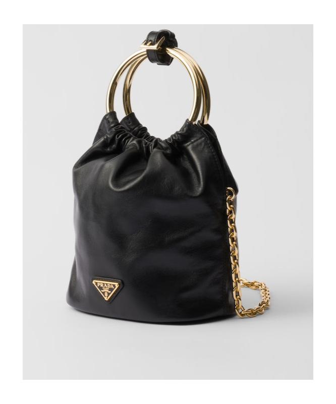 Prada Mini Logo Plaque Leather Bucket Bag In Black