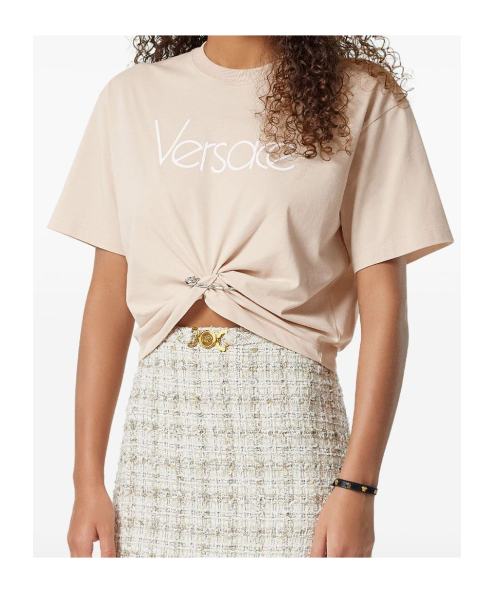Versace Cropped T-shirt With Twist Detail And Safety Pin Logo In Nude