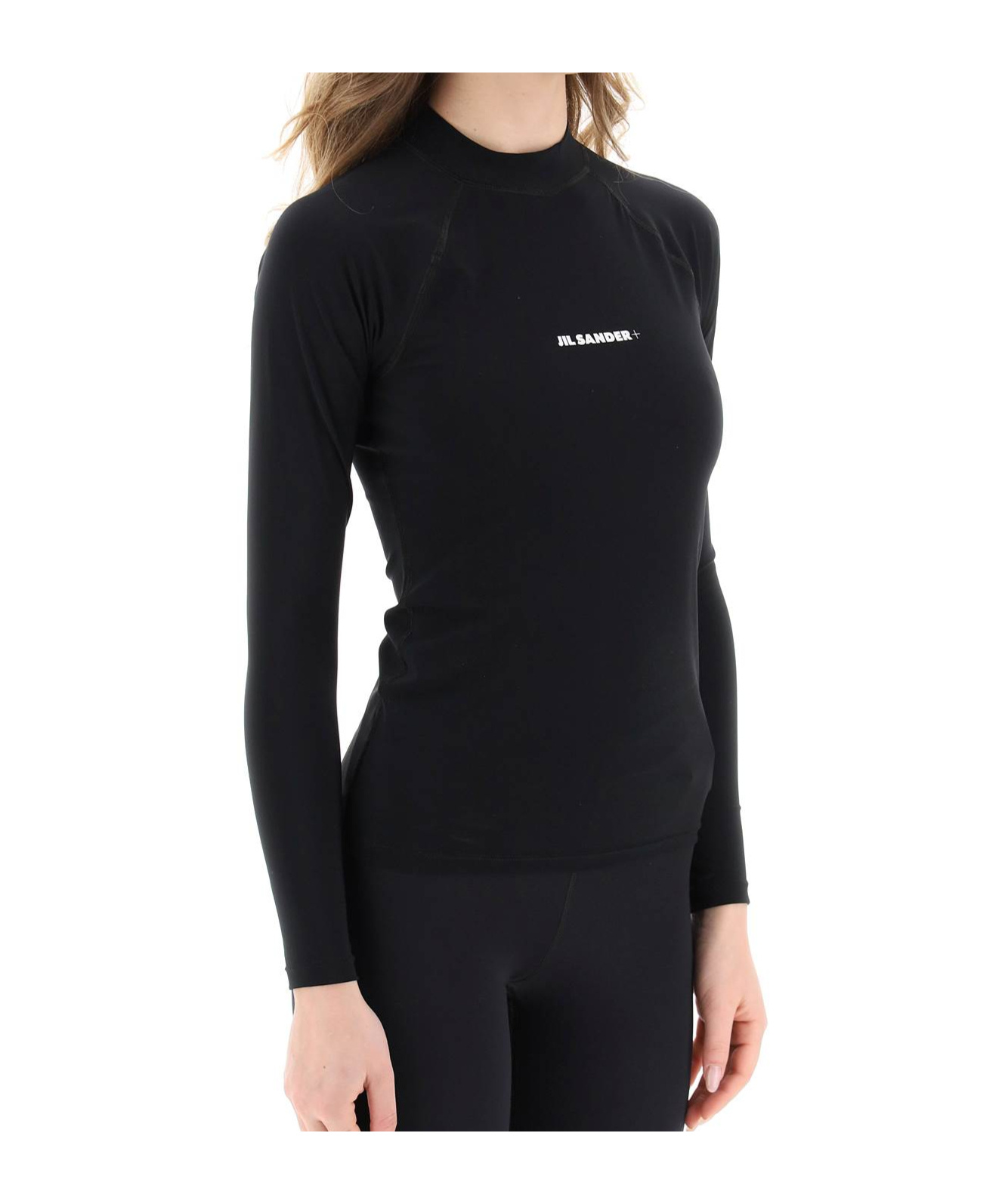 Jil Sander Long-sleeved Tech Fabric Top With Printed Logo In Black