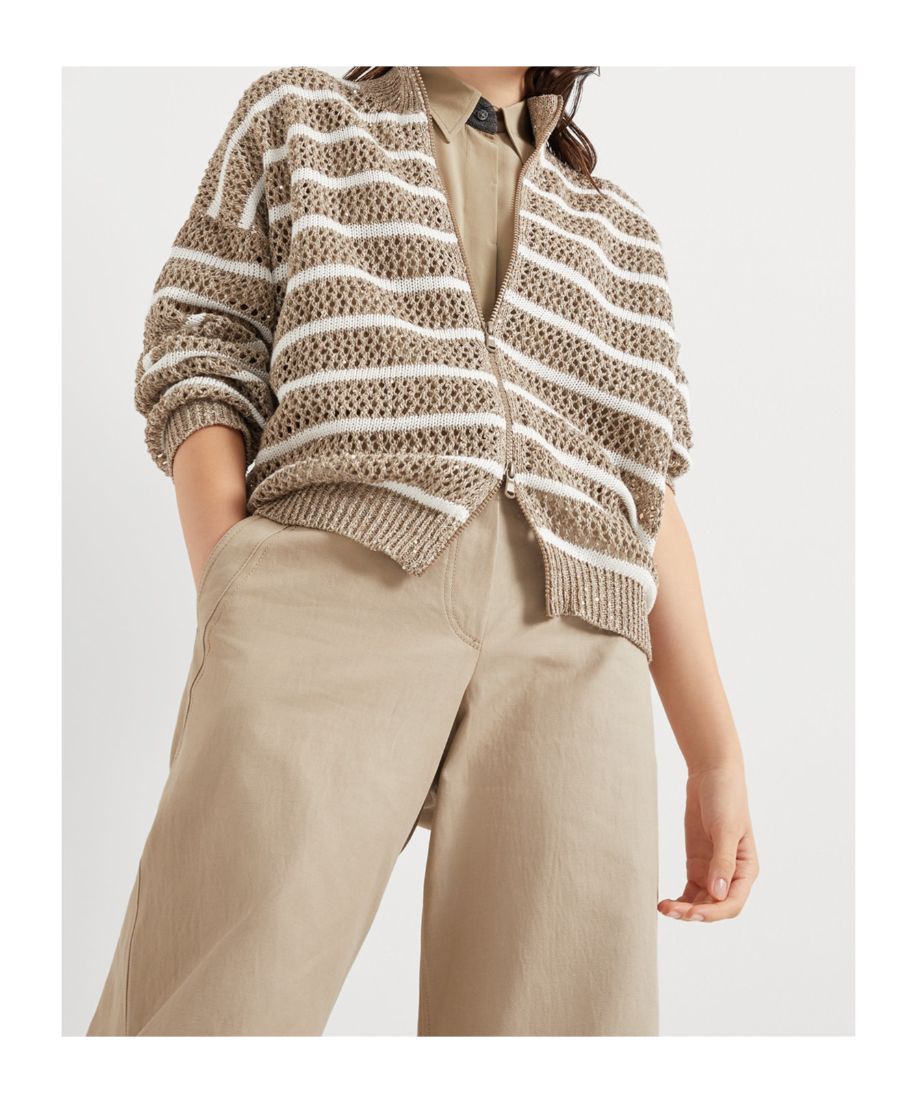 Brunello Cucinelli Striped Cardigan In Nude