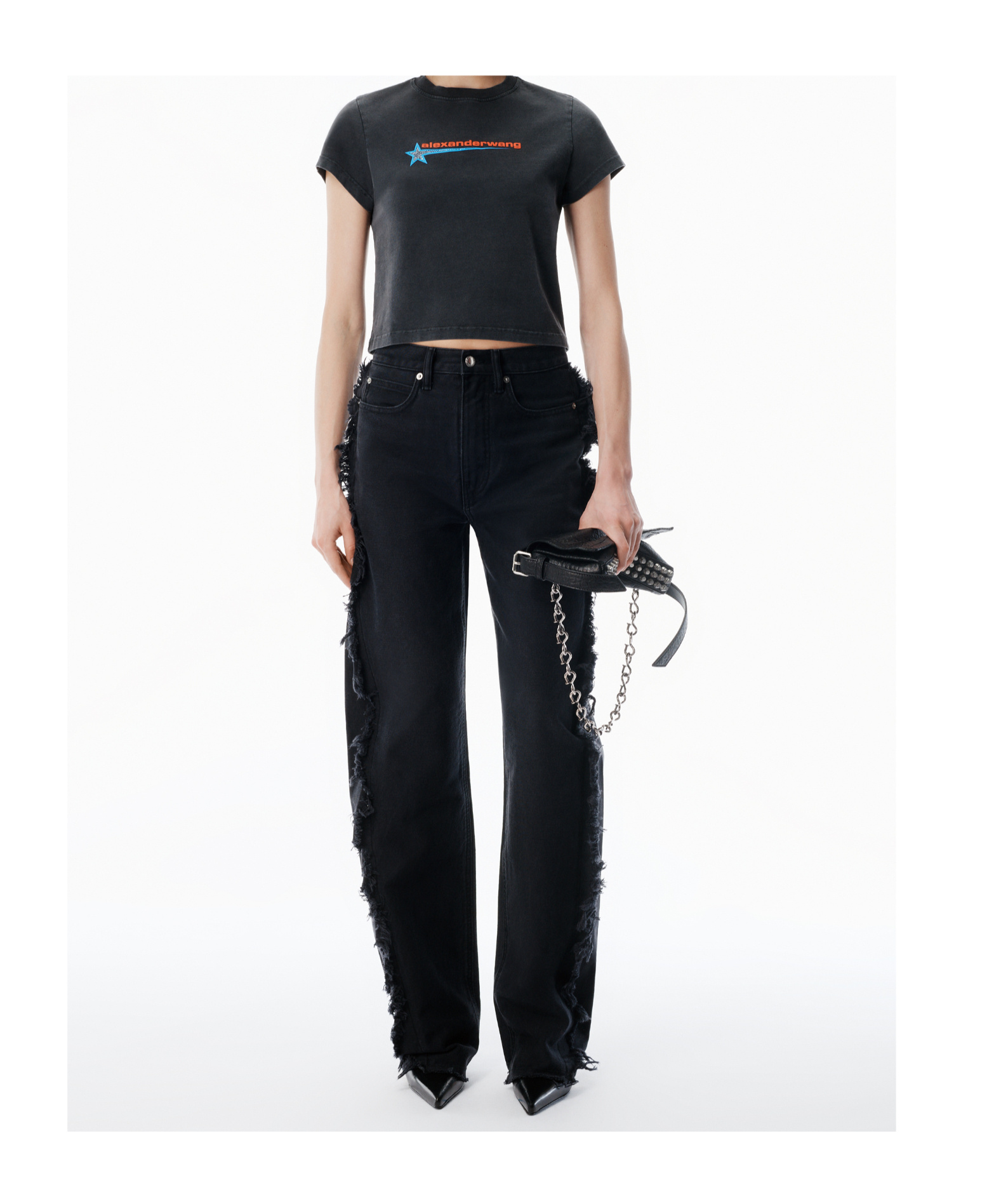 Alexander Wang Logo-print Embellished Cropped Cotton T-shirt In Black