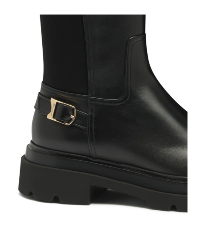 Santoni Leather Stretch Buckle Knee Boots In Black