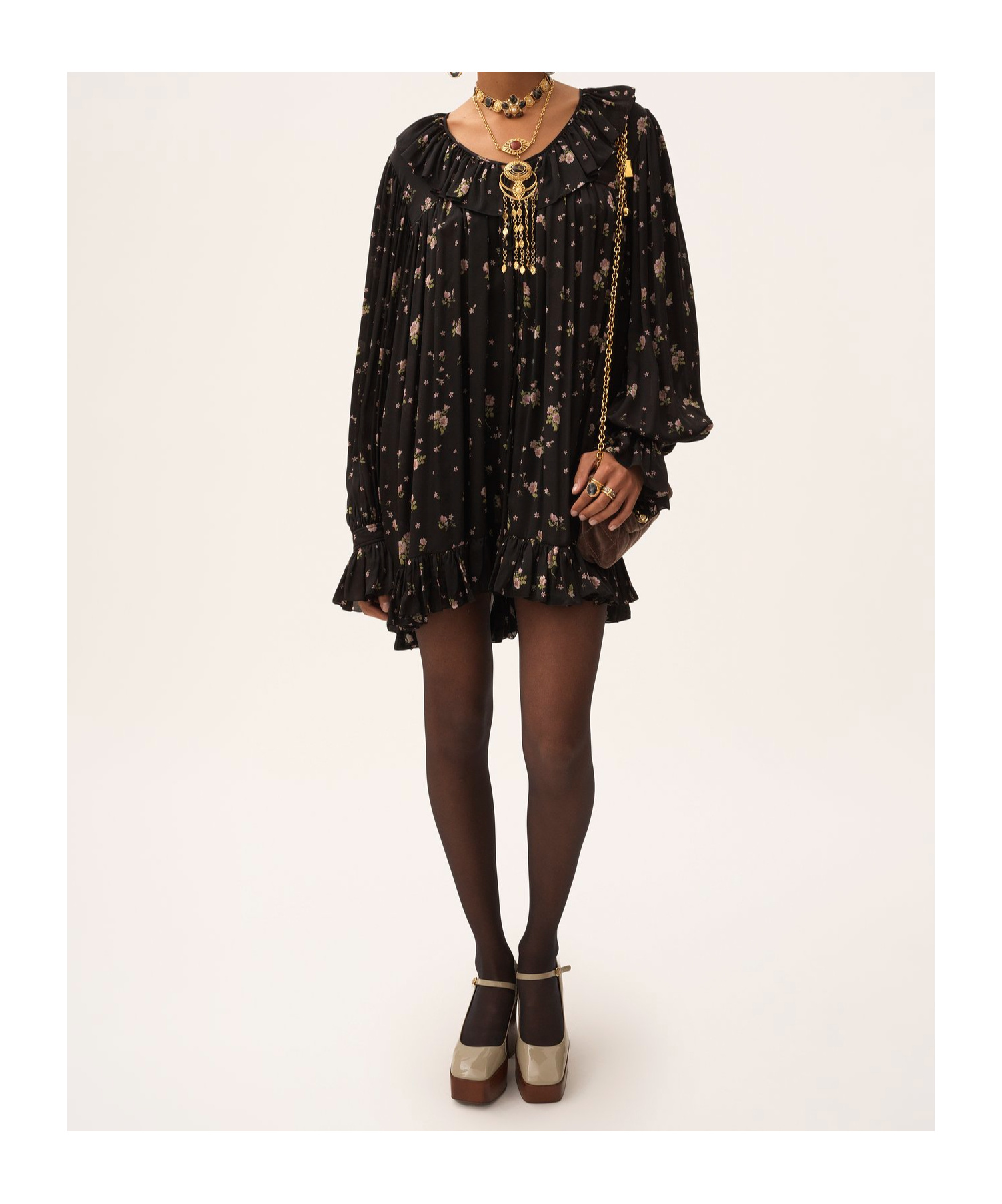 Chloé Liberty Print Long Sleve Silk Charmeuse Minidress In Black