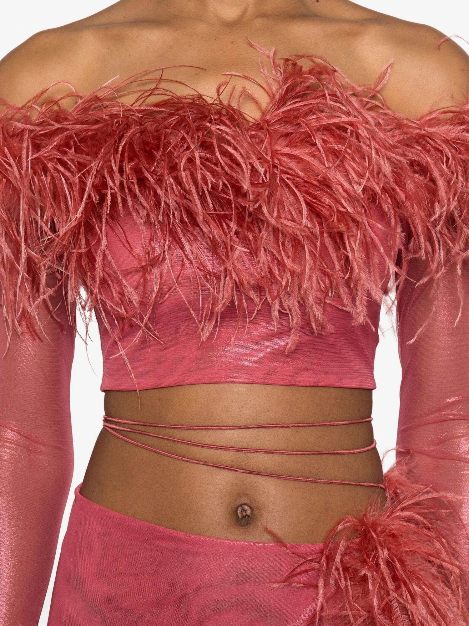 Oseree Feather-trim Cropped Top In Pink