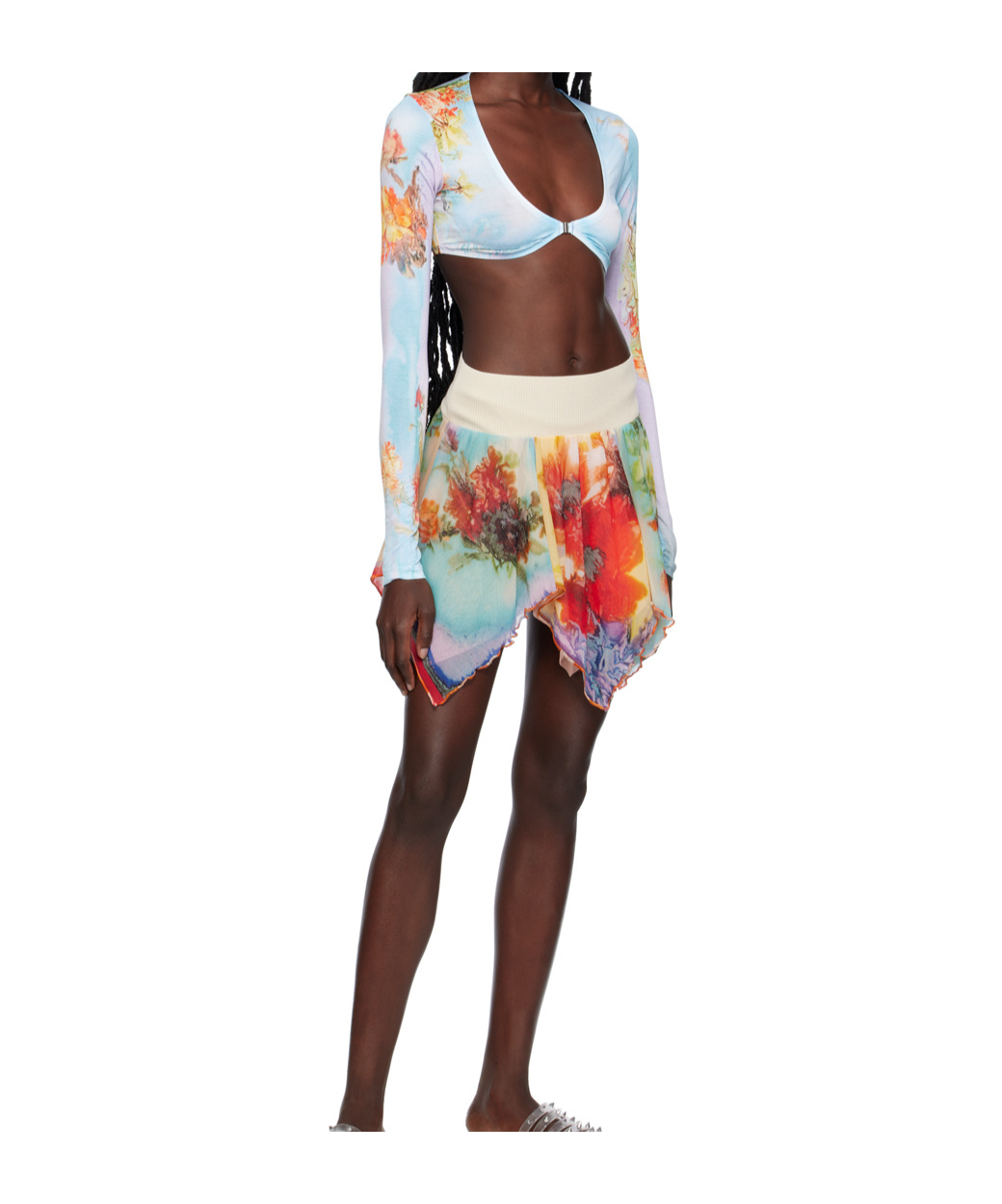 Jean Paul Gaultier Womens Pink Yellow Flower-print Cropped Stretch-woven Top In Blue