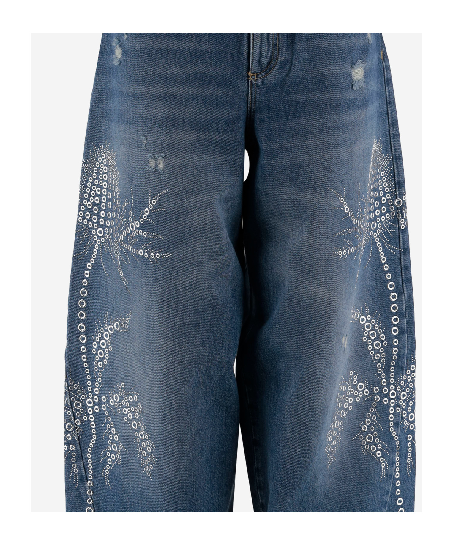Blumarine Washed Jeans With Palm Trees In Blue