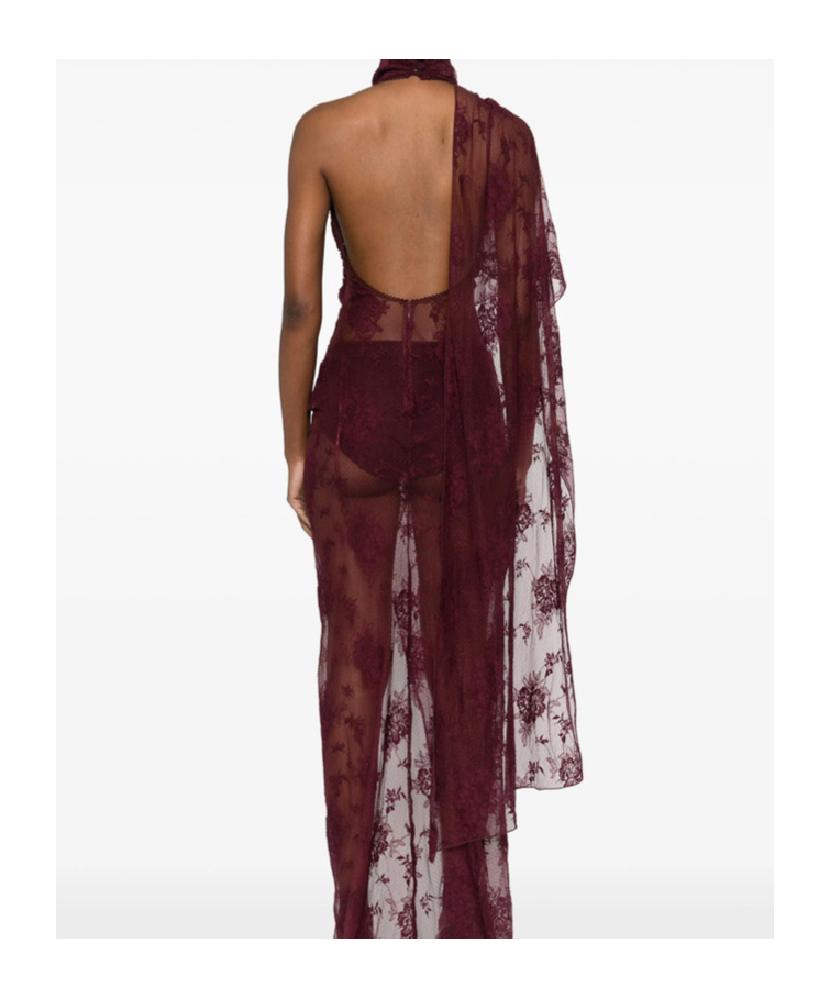 The Andamane Lace Draped Maxi Dress In Brown