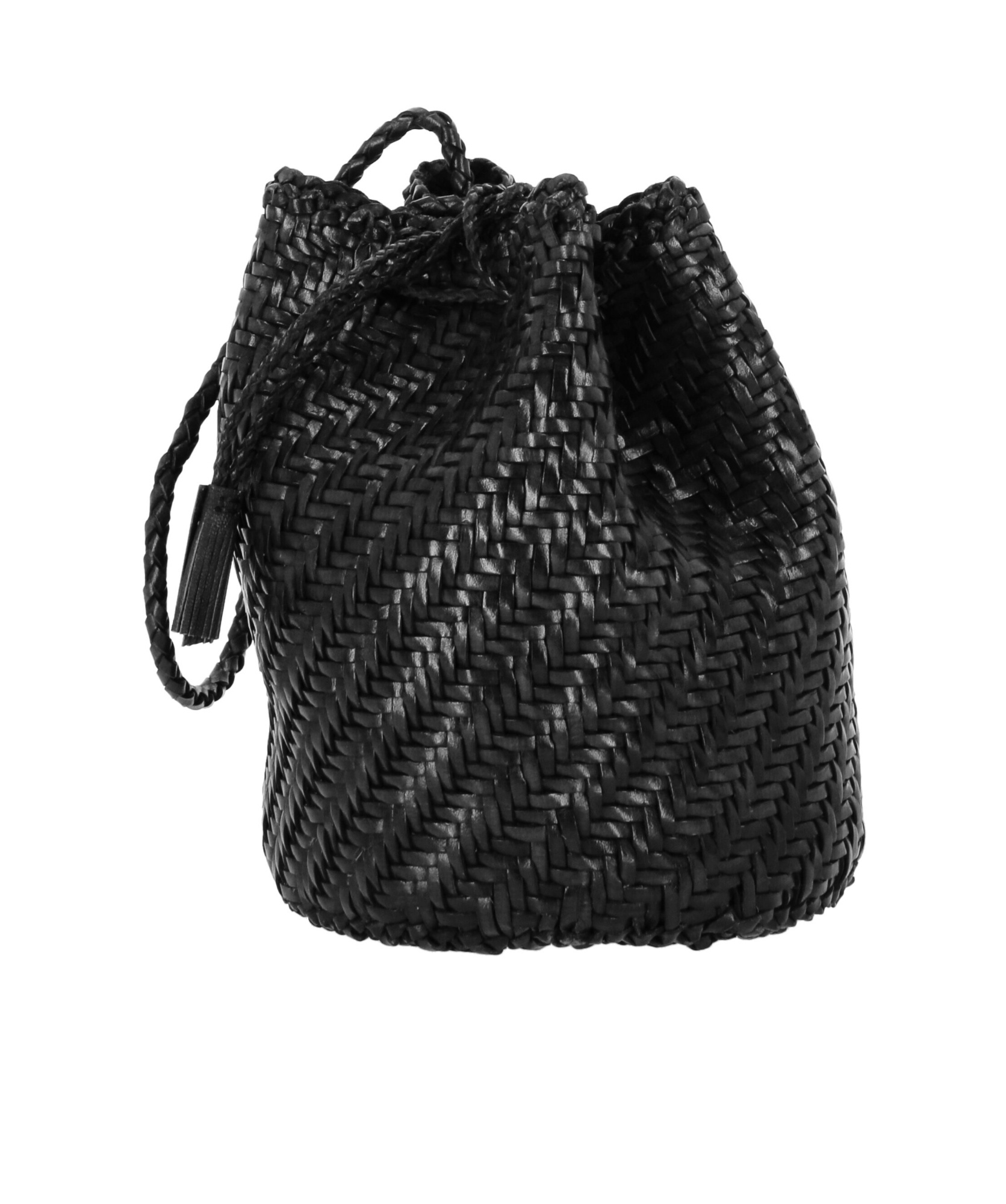 Dragon Diffusion Pompom Doublej Woven Leather Basket Bag In Black