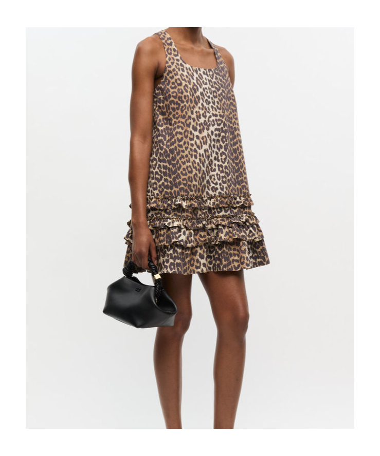 Ganni Brown Leopard Cotton Poplin Mini Dress