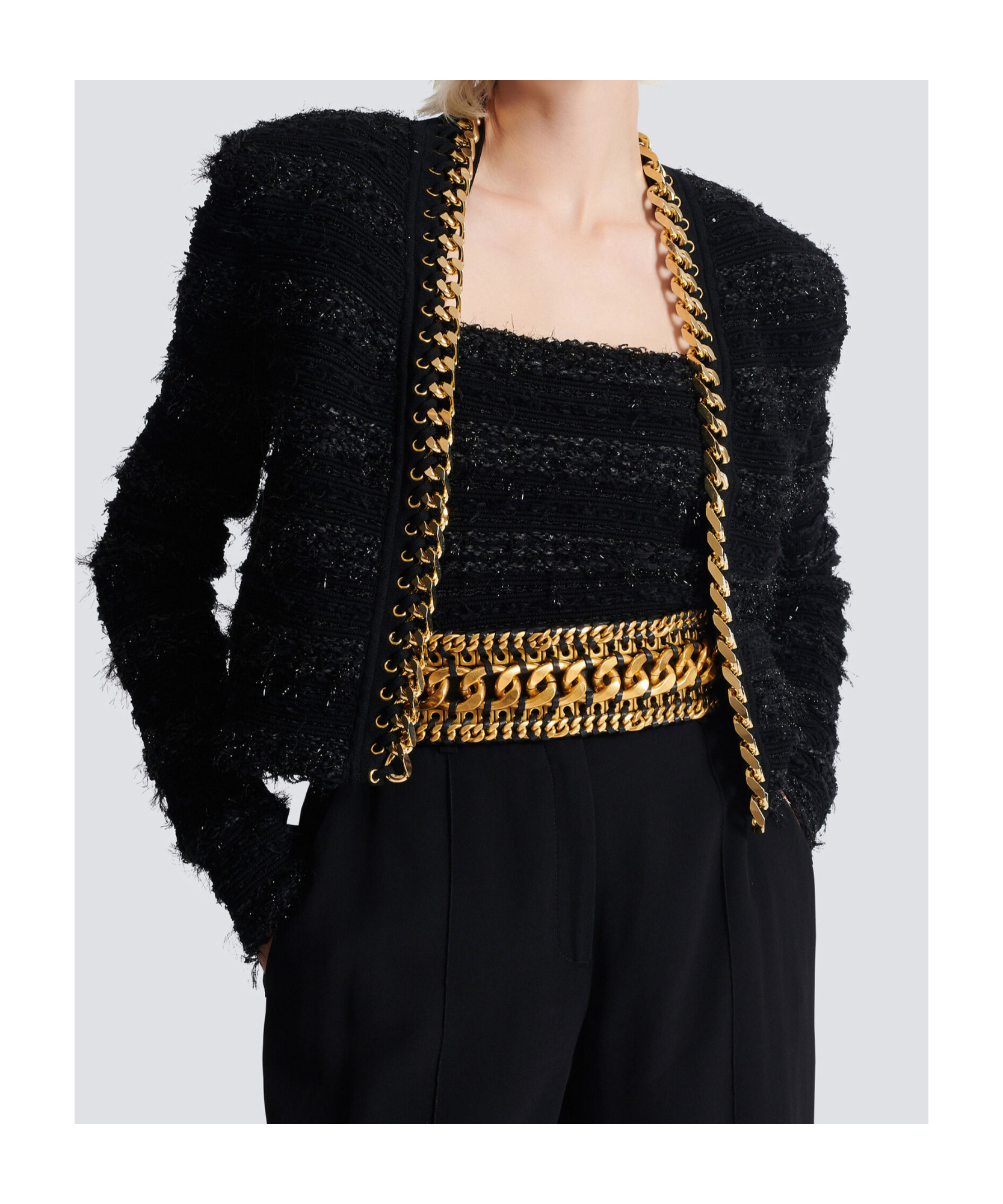 Balmain Chains Details Side To Side Tweed Jacket In Black