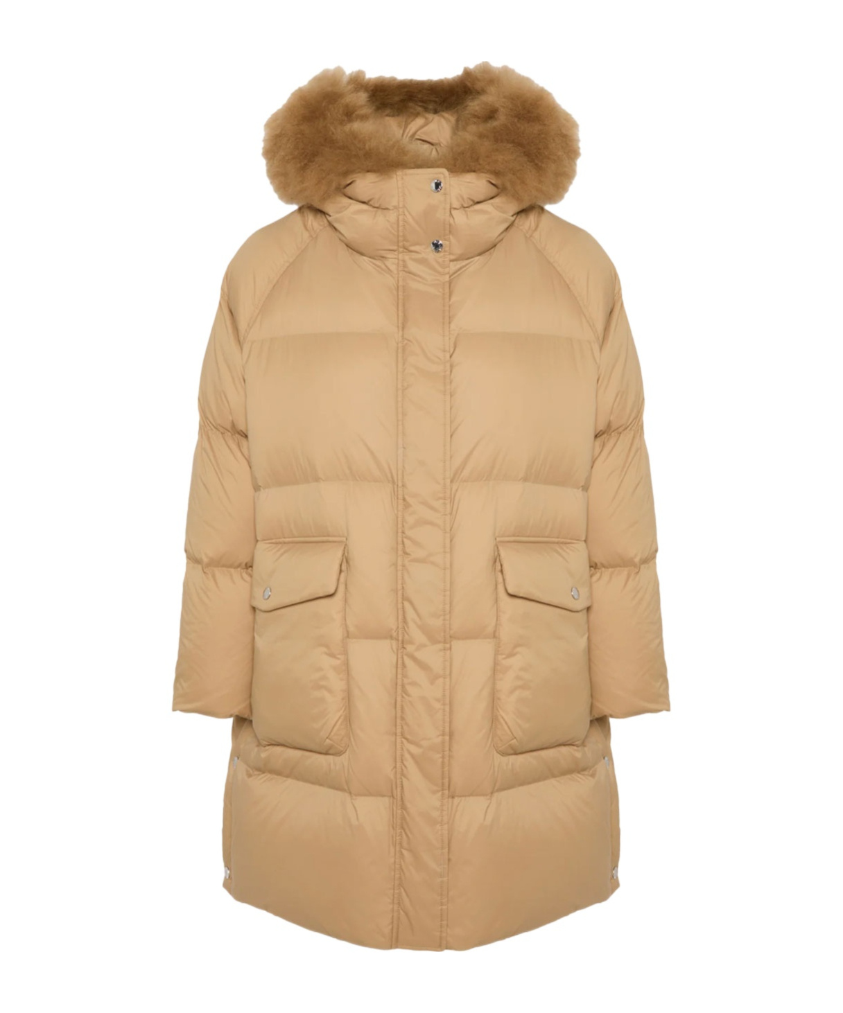 Yves Salomon Long Down Jacket With Raglan Sleeves And Fluffy Lambswool Trim In Brown