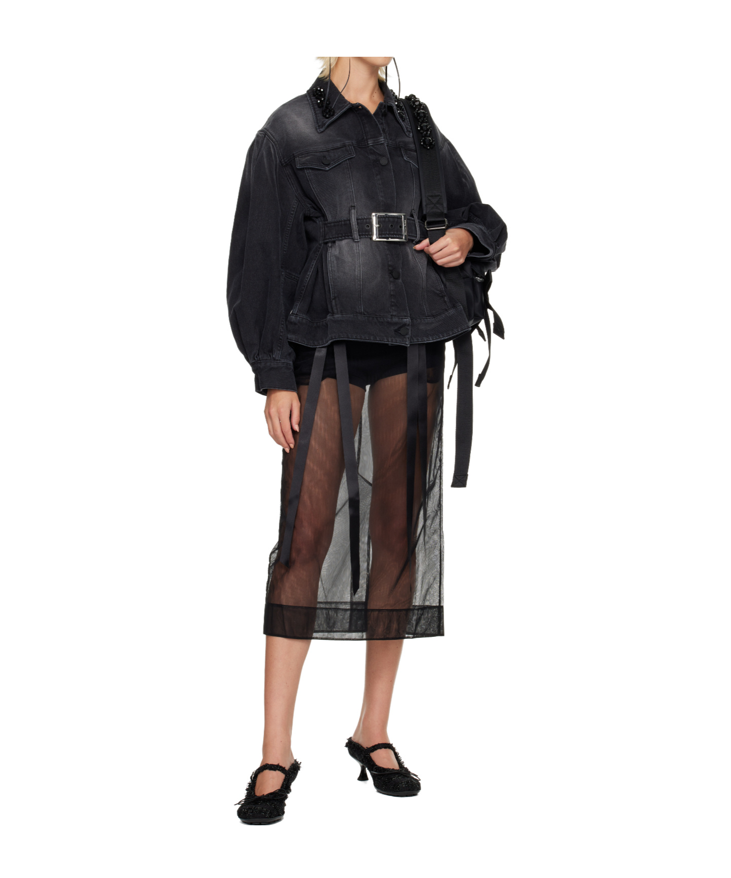 Simone Rocha Denim Jacket With Decorative Carved Belt Details In Black