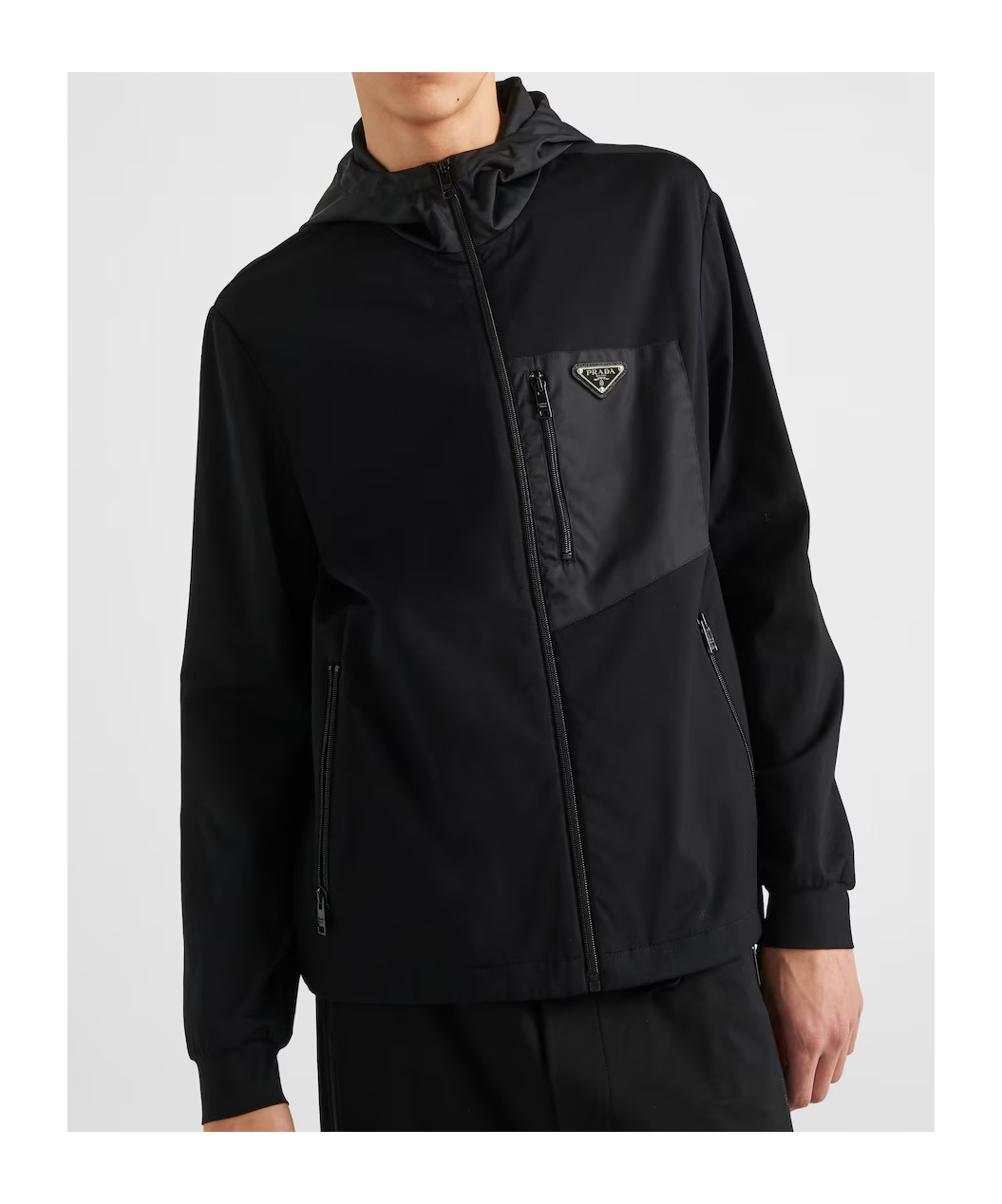 Prada Stretch Cotton Hooded Sweatshirt Chest Pocket In Black