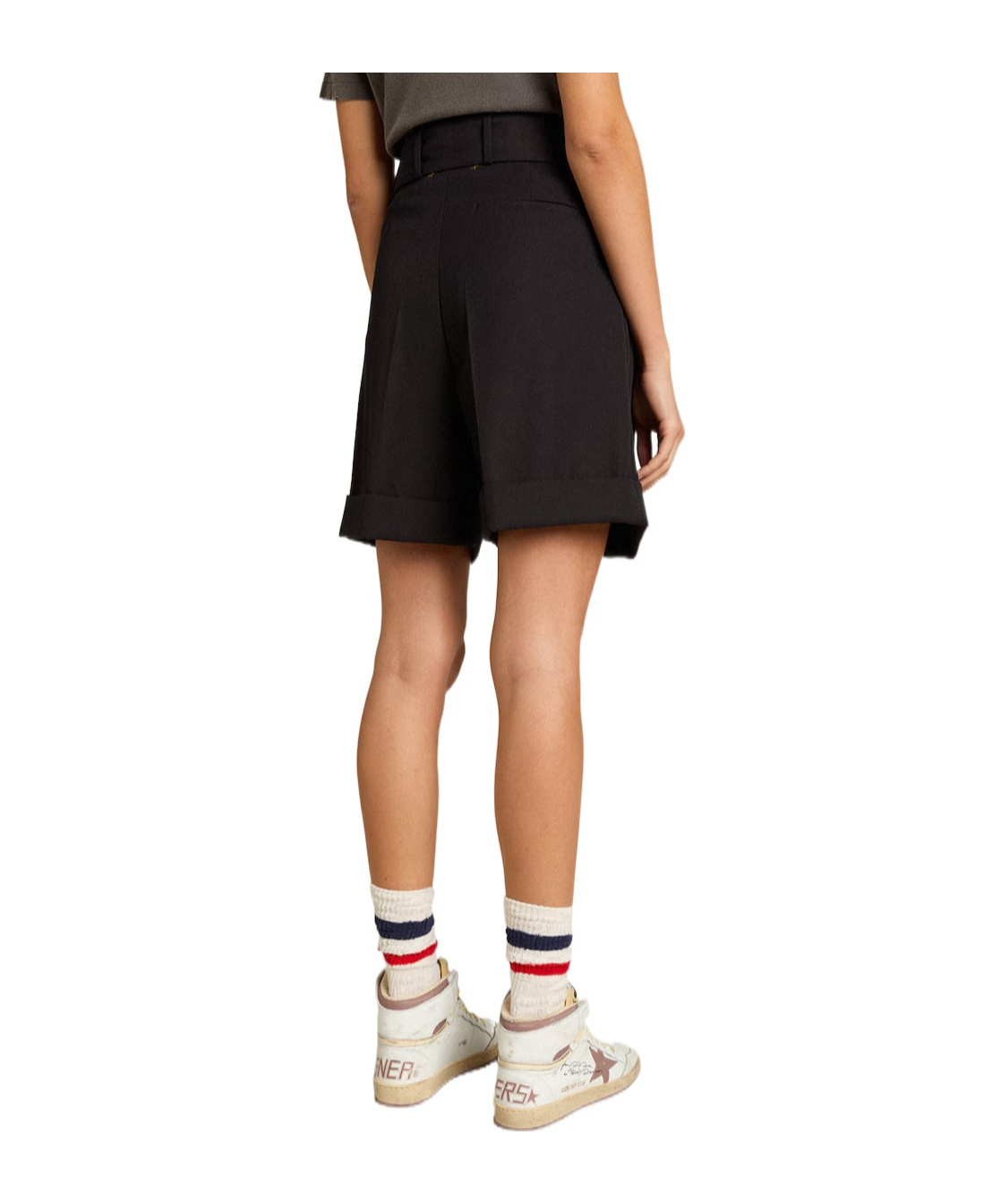 GOLDEN GOOSE GOLDEN COLLECTION SHORTS IN BLACK WOOL GABARDINE WITH BELT AT THE WAIST