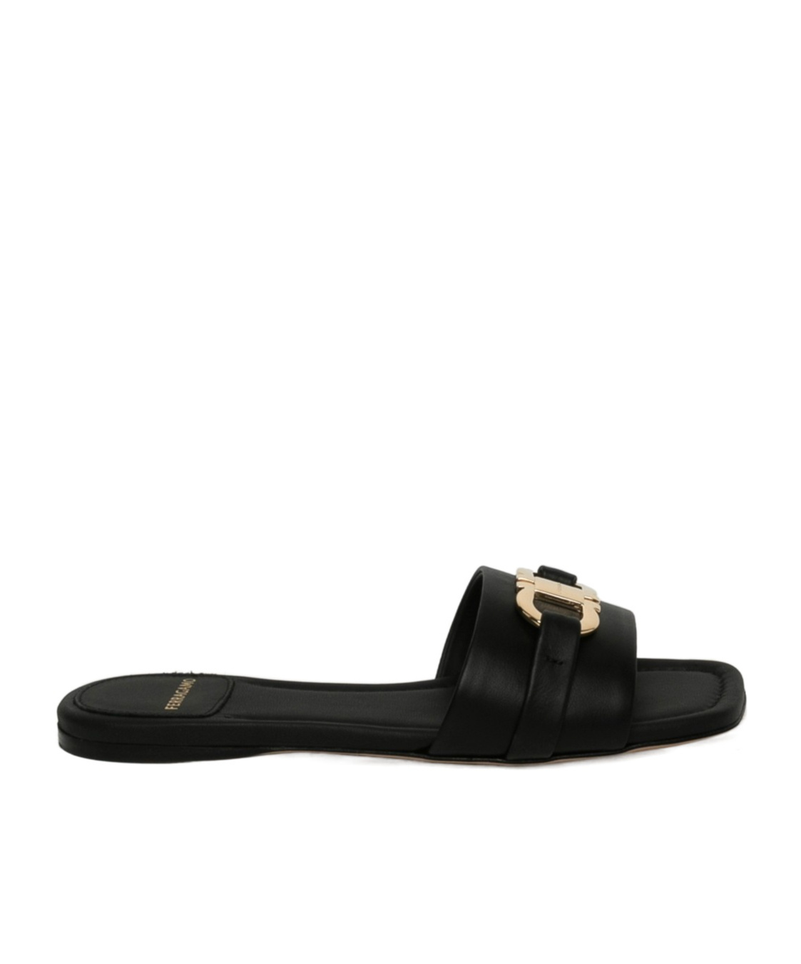 Ferragamo Leather Slides With Flat Sole And Gold-tone Hardware In Black