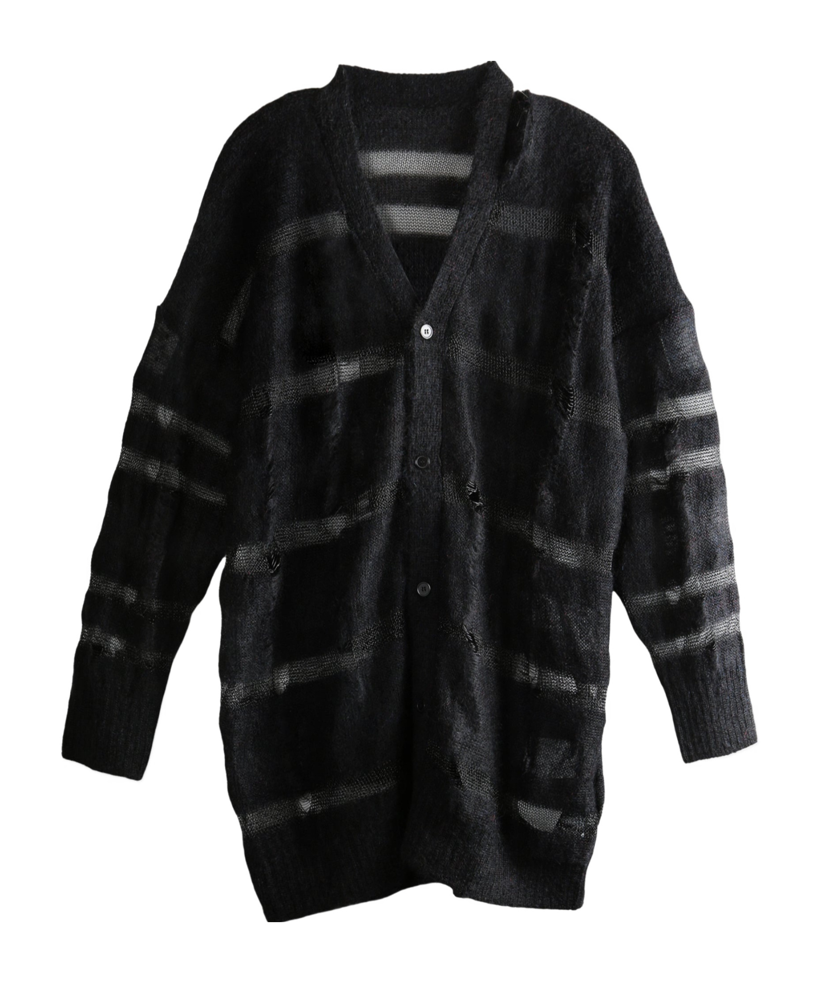 Yohji Yamamoto Striped Distressed Cardigan In Black