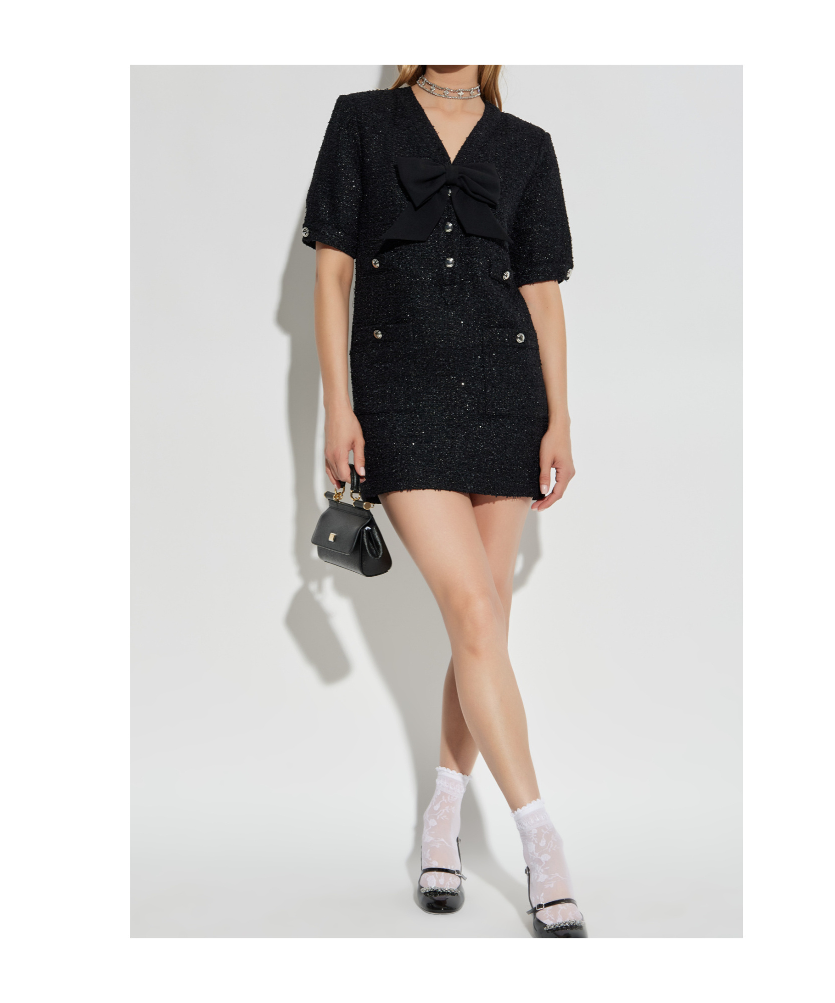 Alessandra Rich Bow-embellished Tweed Dress In Black