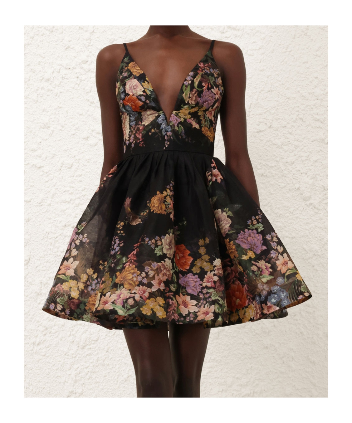 Zimmermann Pavilion Pleated Floral-print Linen And Silk-blend Mini Dress In Black