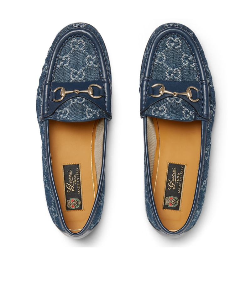 Gucci Denim Loafers With Embroidered Monogram Pattern In Blue