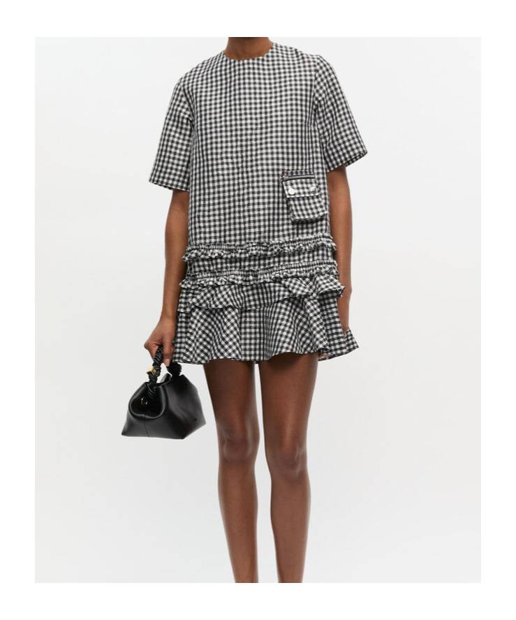 Ganni Black & White Crinkled Check Mini Dress