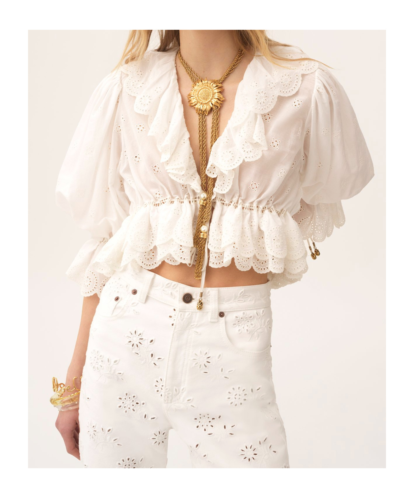 Chloé V-neck Ruffle Top In Cotton Voile In White