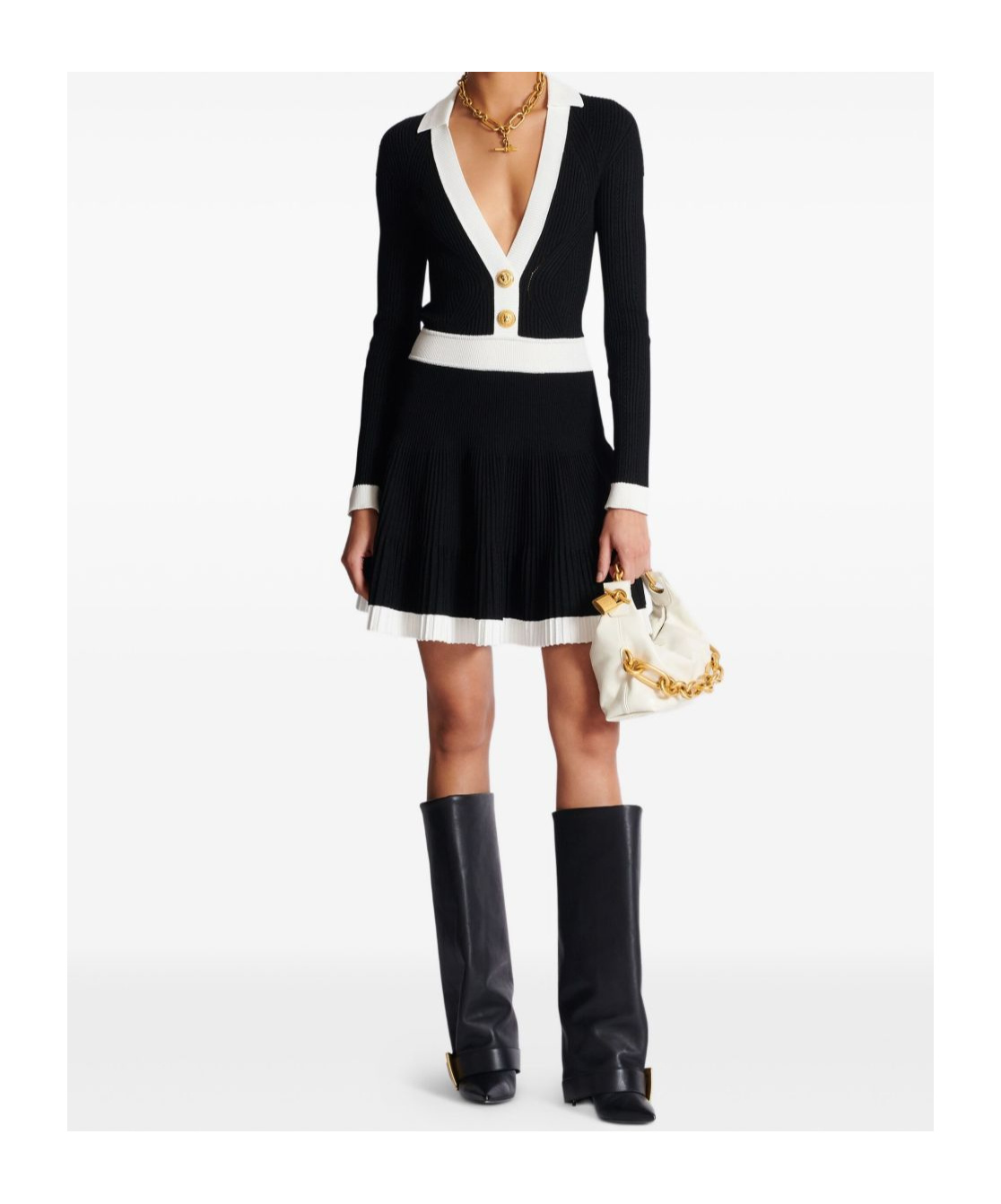 Balmain Colorblock Twisted Cable Long Sleeve Sweater Dress In Black