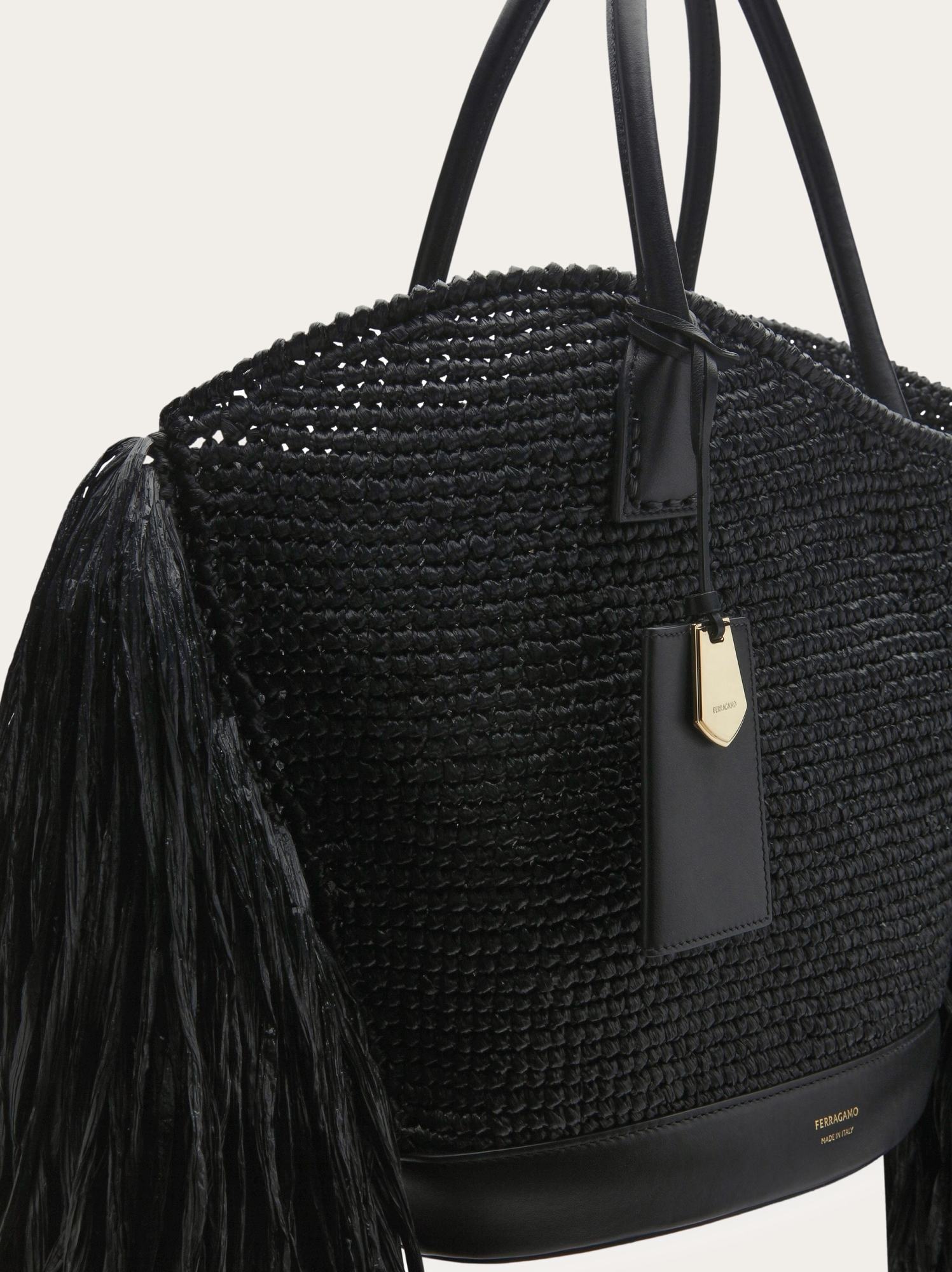 Ferragamo Fringed Raffia Tote Bag In Black