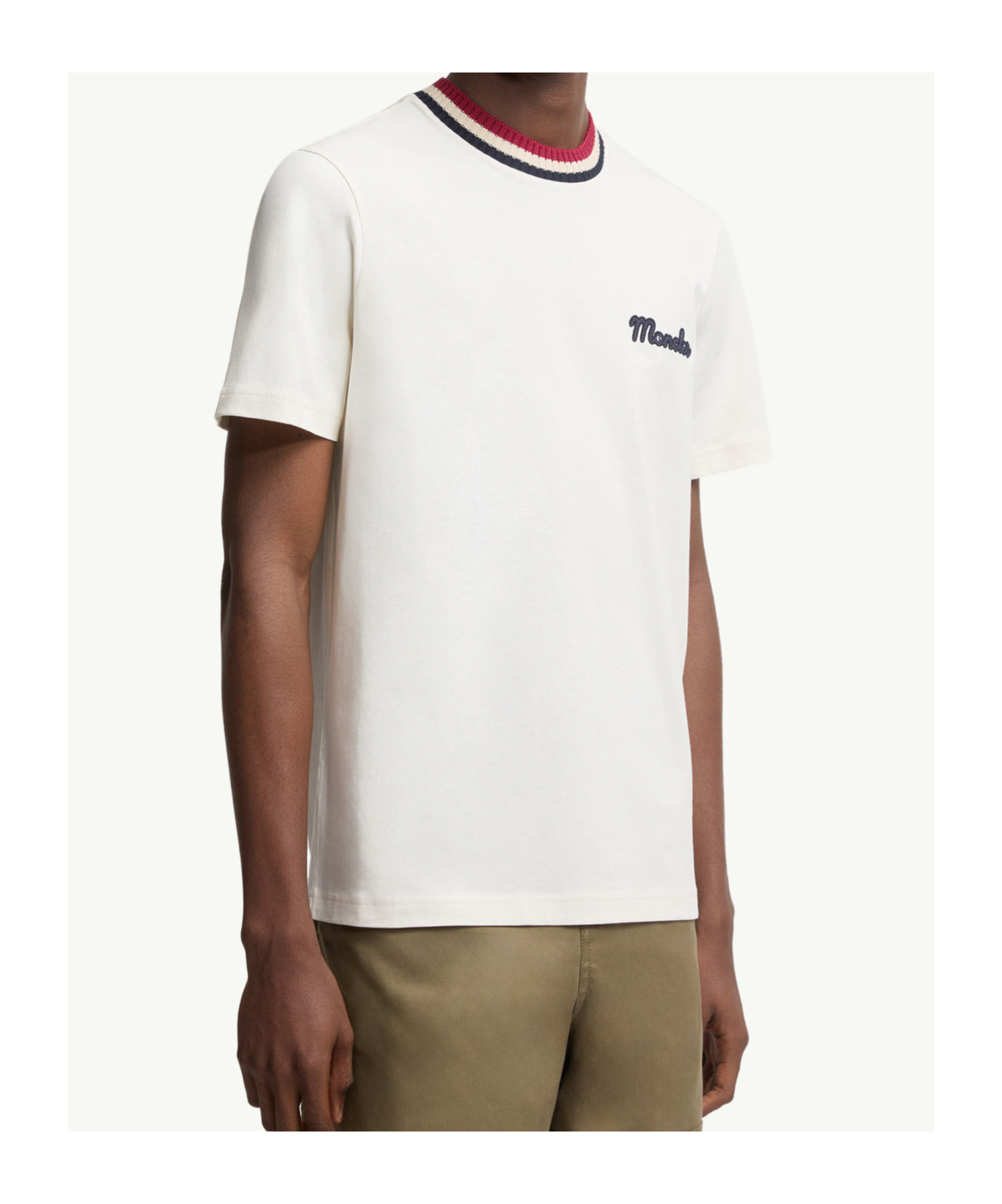 Moncler White Cotton T-shirt With A Contrasting Ribbed Striped Collar And Logo In White