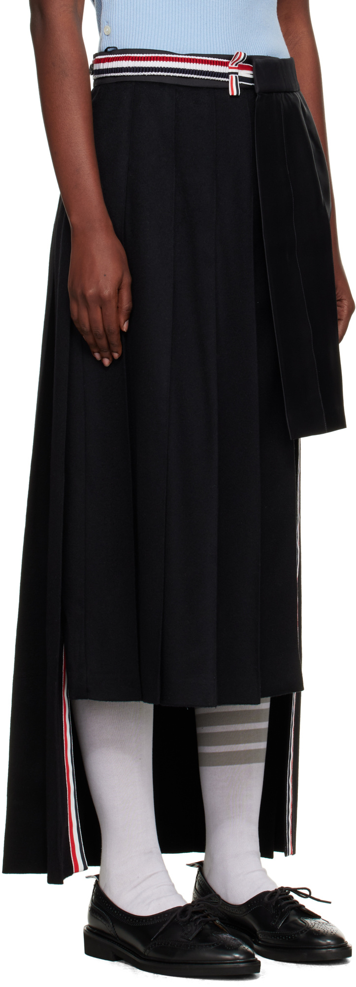 Thom Browne Pleated Asymmetric Mixed Media Wrap Skirt In Black