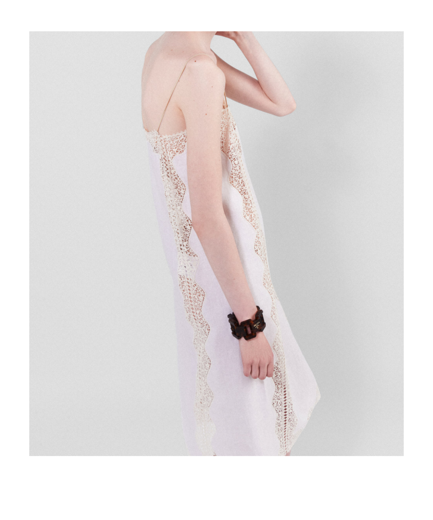 Prada Besticktes Kleid Aus Leinen Mit Spitzenbesatz In Sand Beige