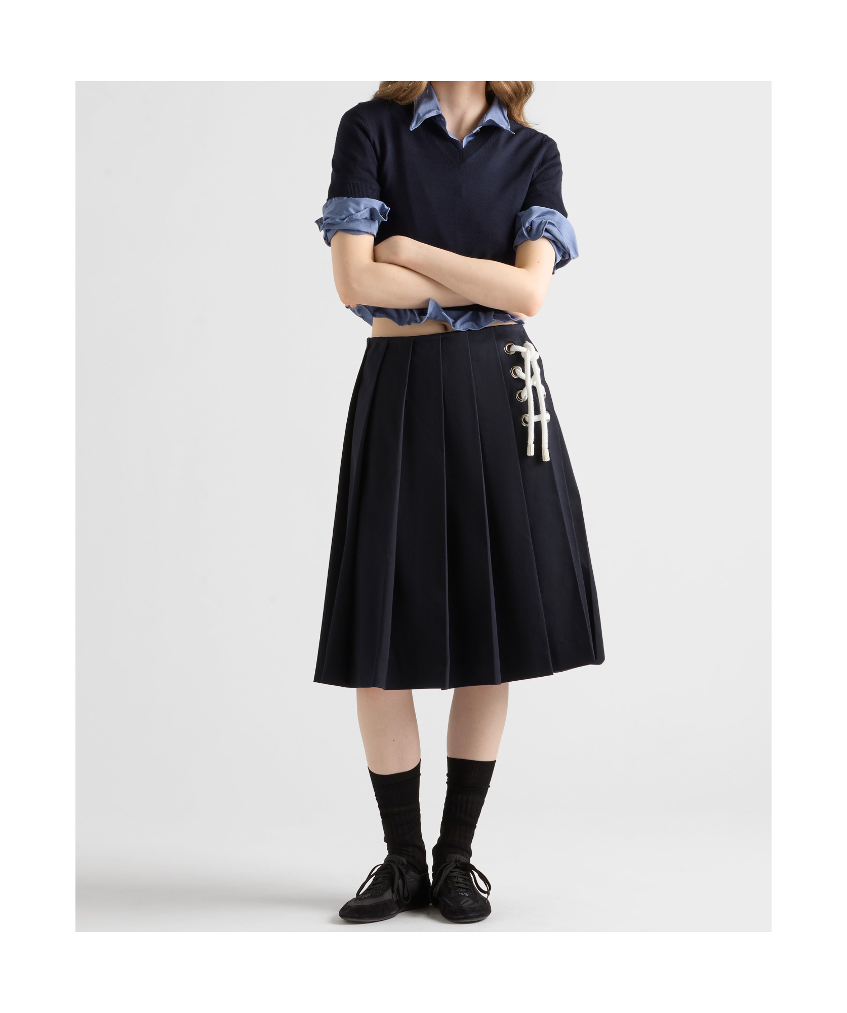 Prada Womens Blue Pleated Lace-up Stretch-cotton Midi Skirt In Navy Blue